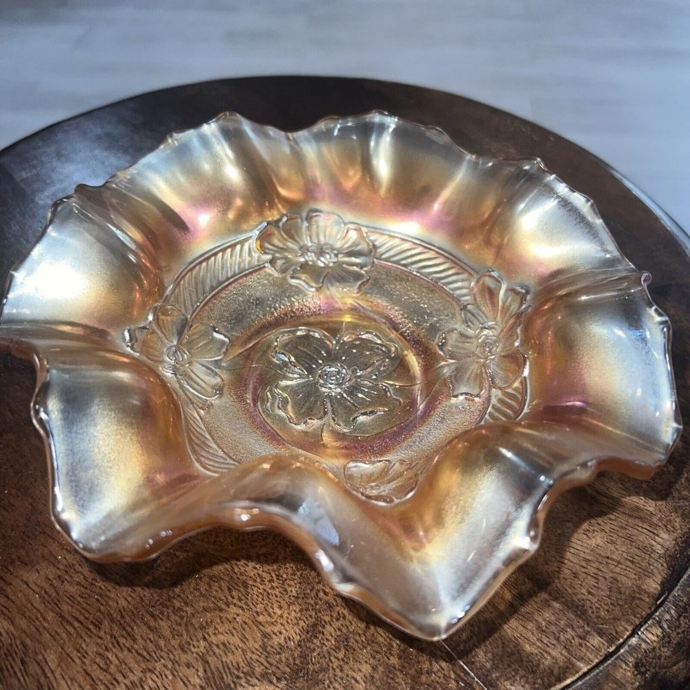 Antique Dugan Carnival Glass Apple Blossoms Bowl Ruffled Rim Marigold 1920s 7.5”